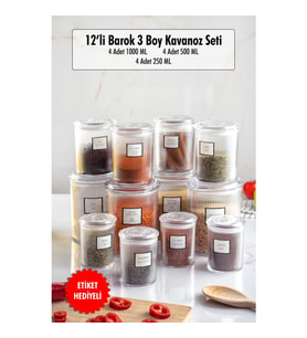12li Barok Yuvarlak 3 Boy Kavanoz Seti & Saklama Kabı & Erzak Kabı (4*1000 ML, 4*500 ML,4*250 ML)