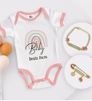 BK Kids Kişiye Özel Baby Tasarımlı Pembe Bebek Body Zıbın Kız Bebek Künyesi ve İğnesi Hediye Seti-1