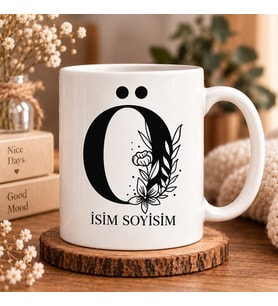 Kişiye Özel Baş Harf ve İsim Yazılı Çiçek Motifli Ö Harfli Seramik Kupa Bardak