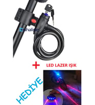 Çelik Kilit Bisiklet Motosiklet Kilidi + Lazer LED Işık HEDİYELİ Scooter ve Bebek Arabası İçin Uygun (Siyah)