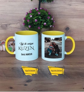 Kuzene Hediye Kupa Bardak Sarı Fotoğraflı Kuzene Doğum Günü Hediyesi