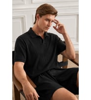 Erkek Jakar Desenli Düğmesiz Polo Yaka Tişört Slim Fit Yazlık Triko Tişört