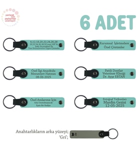 Anaokulu Miniklerine İsimli Karne Hatırası Anahtarlık 6’lı Set, Öğretmenden Hediye, Turkuaz & Gri