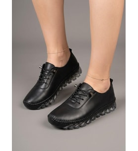 BEREN Hakiki Deri Siyah Kadın Ayakkabı Ortopedik Taban Düz Esnek Bağcıklı Comfort Casual Günlük Sneaker