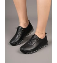 BEREN Hakiki Deri Siyah Kadın Ayakkabı Ortopedik Taban Düz Esnek Bağcıklı Comfort Casual Günlük Sneaker