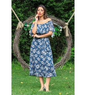 Neşeli butik kadın indigo madonna kuşaklı çiçek desenli şifon elbise NB10037