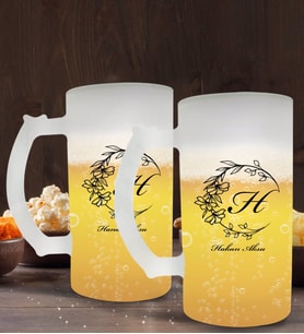 BK Gift Kişiye Özel Baş Harf İsim Tasarımlı 2’li Buzlu Cam Bira Bardağı 50cl-4 (Beyaz)