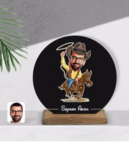 BK Gift Kişiye Özel Kovboy Karikatürlü Yuvarlak Ahşap Biblo-2