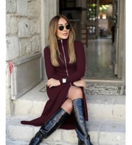 Kadın Uzun Kollu önden Fermuarlı Maxi Viskon Iki Iplik Elbise (Bordo)