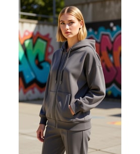 Kadın Oversize Kapüşonlu Düşük Kol Uzun Rahat Kesim Basic Fermuarlı Kalın Polarlı Örme Sweatshirt