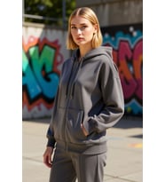 Kadın Oversize Kapüşonlu Düşük Kol Uzun Rahat Kesim Basic Fermuarlı Kalın Polarlı Örme Sweatshirt
