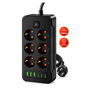 Castu Ls J06 12'si 1 Arada Akım Korumalı Priz 6 Çoklu Soket 3 USB 3 Type-C 2500W Çocuk Korumalı Kapaklı Uzatma Kablolu Grup Priz