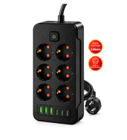 Castu Ls J06 12'si 1 Arada Akım Korumalı Priz 6 Çoklu Soket 3 USB 3 Type-C 2500W Çocuk Korumalı Kapaklı Uzatma Kablolu Grup Priz