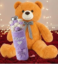 90 Cm Peluş Ayı & Kişiye Özel İsim Yazılı Peluş Silindir Vazo da 9'lu Pembe Ayıcık Buketi Seti Kıza, Eşe, Sevgiliye Hediye (Kahverengi)