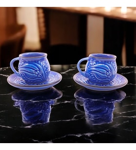 OTANTİK RENKLİ VE KABARTMA DESENLİ KAZAN MODEL 2 KİŞİLİK KAHVE FİNCAN TAKIMI (Mavi titanyum)