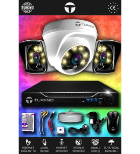 TURKNO 3 Kameralı Karie 1 İç Kamera Set HDD'siz Full HD Renkli Gece Görüşlü Güvenlik Kamerası Sistemi