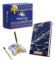 Hediye Kutulu Hediye Kutusunda Kişiye Özel Beyaz Mermer Tasarımlı İmza Kalemi ve Defter (Model 1)