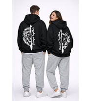 Stronger Together Yazılı Aslan Kaplan Baskılı Beyaz Sevgili Kombini Oversize Hoodie (Siyah)