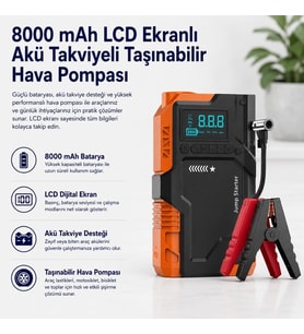 8000 mAh LCD Ekranlı Akü Takviyeli Taşınabilir Hava Pompası