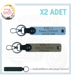 Motosiklet Aşıkları İçin, İsim Plaka ve B Rh (-) Kan Grubu Yazılı 2'li Anahtarlık, Kül Gri-Mavi-Laci