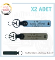 Motosiklet Aşıkları İçin, İsim Plaka ve B Rh (-) Kan Grubu Yazılı 2'li Anahtarlık, Kül Gri-Mavi-Laci