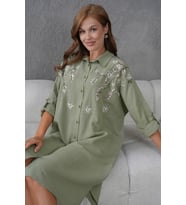Kadın Uzun Nakış İşlemeli Keten Oversize Düğmeli Gömlek (Haki-Yeşil)