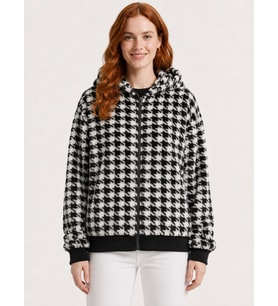 Kadın Kazayağı Desenli Kapüşonlu Fermuarlı Sweatshirt Ceket