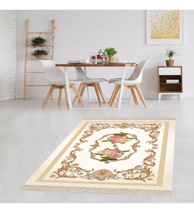 Çiçek Desenli Dijital Baskı Yıkanabilir Kaymaz Taban Leke Tutmaz Modern Salon Halısı (Bej)