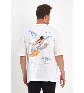Erkek Melek Baskılı Oversize T-shirt - Beyaz