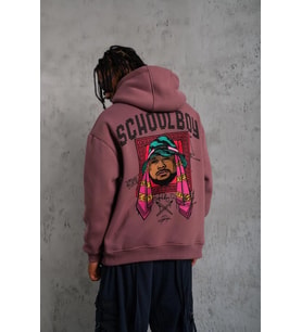 Erkek 3 İplik Pamuklu Kapüşonlu Baskılı Cepli Oversize Sweatshirt Hoodie - Gül Kurusu