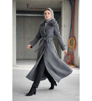 Kürk Yakalı Kruvaze Kaşe Manto- Old Money Tarz (Beton Gri)