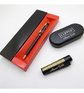 Clipper® Desenli Siyah Altın Kişiye Özel Çakmak ve Kalem Seti Hediyelik Çakmak