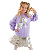 Balerin Unicorn Kız Çocuk Pileli Elbise (Lila)