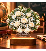 BK Gift Kişiye Özel Beyaz Gül ve Papatya Işıklı Çiçek Buketi LED Lamba