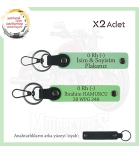 Motosiklet Aşıklarına Özel, İsim Plaka ve 0 Rh (-) Kan Grubu Yazılı x2 Anahtarlık, Yeşil-F Yeşil-Syh (Çok Renkli)