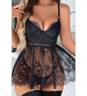 Kadın Siyah Dantelli Babydoll Jartiyer Detaylı Fantazi Gecelik Takımı 8471