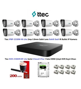 Nif Bilişim Ttec 2mp Mikrofonlu 8 Kameralı 500GB Disk Tak Çalıştır Hazır IP Kamera Seti (Beyaz)