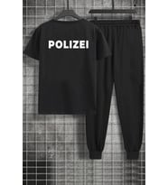Unisex Polizei Baskılı 2'li Eşofman Takımı (Siyah)