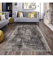 Gri Osmanlı Motif Nakış İşleme Yıkanabilir Kaymaz Taban Leke Tutmaz Modern Salon Halısı ve Yolluk (Koyu Gri)