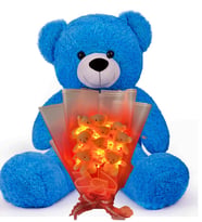 Premium 90 cm Peluş Ayı ve LED Işıklı 9'lu Kırmızı Yumoş Peluş Ayıcık Buketi (Koyu Mavi)