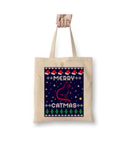 Merry Catmas Yeni Yıl Christmas Knit Yılbaşı Beyaz Bez Çanta Uzun Saplı Alışveriş Çantası