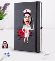 BK Gift Kişiye Özel Hemşire Karikatürlü Siyah Termo Deri Defter 16x24cm Model 1