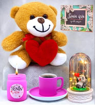 Premium Özel Hediye Seti Pembe Türk Kahvesi Fincanı, Mum, Ayıcık, Işıklı Fanus (Model 4)