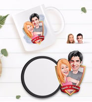BK Gift Kişiye Özel Sevgililer Karikatürlü Beyaz Kupa ve Ahşap Bardak Altlığı Hediye Seti-86
