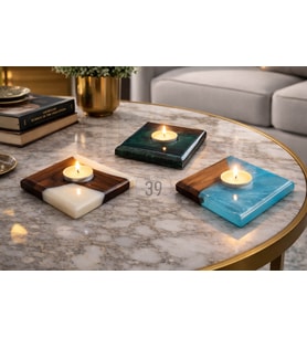 Classic Ceviz & Epoksi Mumluk – El Yapımı Tealight Mumluk – 12x12 cm Tasarım Dekoratif Mumluk (Turkuaz)