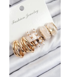Pirinç İncili Halka Model Gold Renk Kadın Set Küpe (Altın)