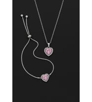 Pembe Zirkon Taşlı Kalp Charm Model Kadın Kolye ve Bileklik Seti