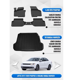 Volkswagen Jetta 2011-2019 Uyumlu 4.5D Premium Havuzlu Oto Paspas ve Liner KULAKLI Bagaj Havuzu