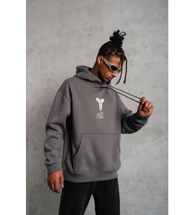 Erkek Baskılı Kapüşonlu Sweat - Gri