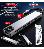 Technow 8 in1 4K Ultra HD Type C USB 3.0 Hub HDMI RJ45 SDTF Adaptör Çoklayıcı